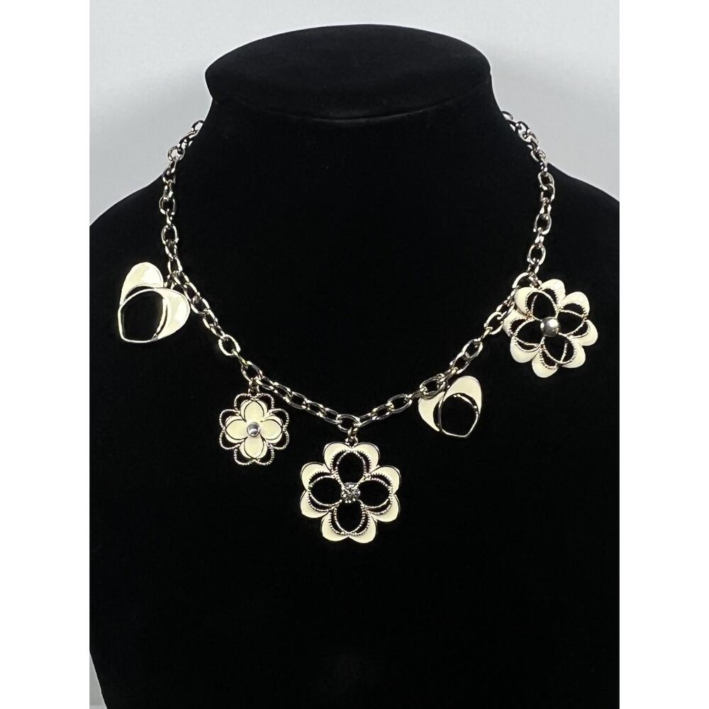 Light Gold Tone White Enamel Flowers & Hearts Statement Charm Pendant Necklace